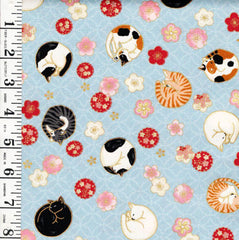 *Quilt Gate - Sleeping Cats & Floating Cherry Blossoms - Gold Metallic - HR3550-12C - Blue - By the Half Yard