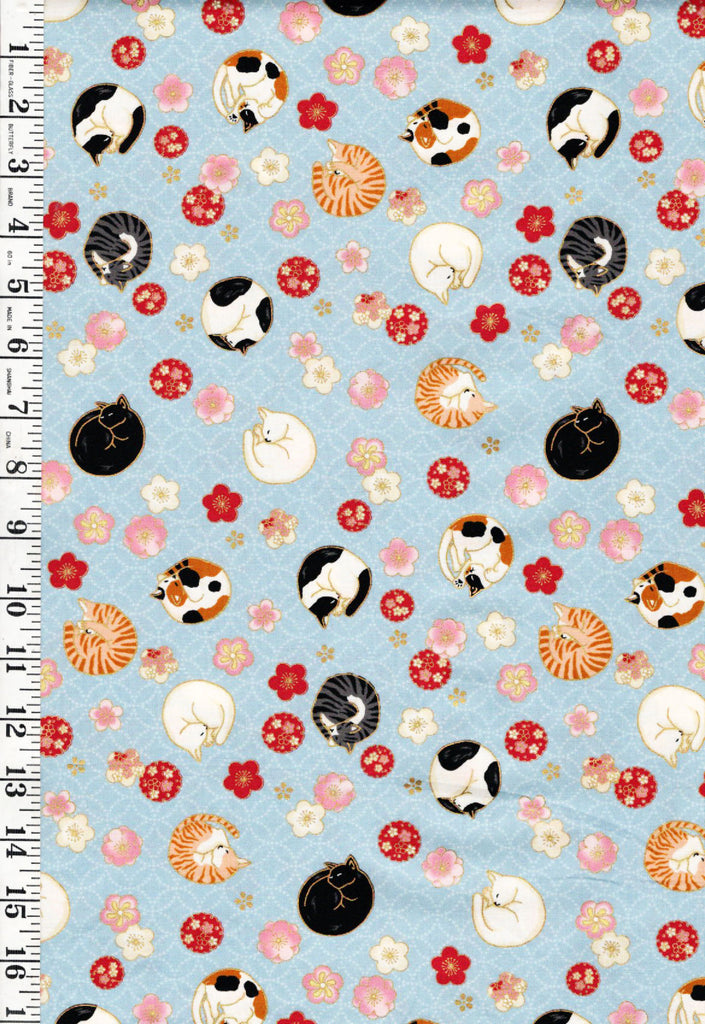 *Quilt Gate - Sleeping Cats & Floating Cherry Blossoms - Gold Metallic - HR3550-12C - Blue - By the Half Yard