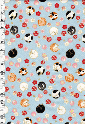 *Quilt Gate - Sleeping Cats & Floating Cherry Blossoms - Gold Metallic - HR3550-12C - Blue - By the Half Yard