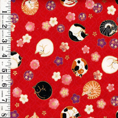 *Quilt Gate - Sleeping Cats & Floating Cherry Blossoms - Gold Metallic - HR3550-12D - Red - By the Half Yard