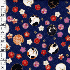 *Quilt Gate - Sleeping Cats & Floating Cherry Blossoms - Gold Metallic - HR3550-12E - Navy - By the Half Yard