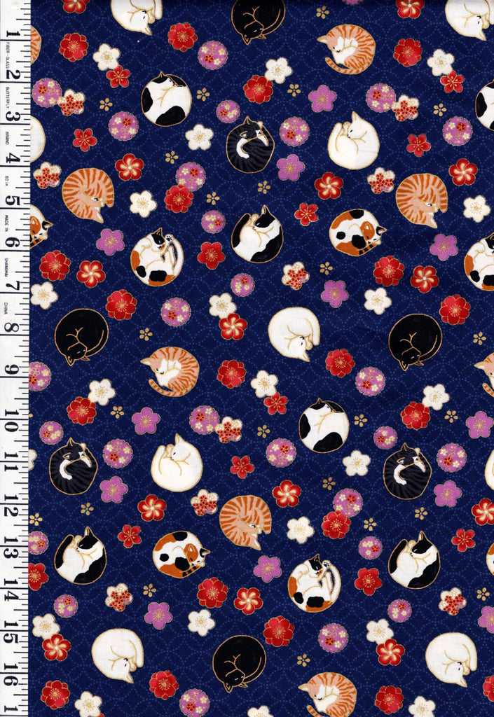 *Quilt Gate - Sleeping Cats & Floating Cherry Blossoms - Gold Metallic - HR3550-12E - Navy - By the Half Yard