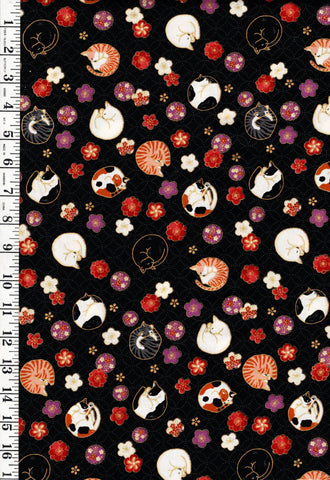 *Quilt Gate - Sleeping Cats & Floating Cherry Blossoms - Gold Metallic - HR3550-12F - Black - By the Half Yard