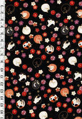 *Quilt Gate - Sleeping Cats & Floating Cherry Blossoms - Gold Metallic - HR3550-12F - Black - By the Half Yard