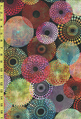 *Fabric Art - In the Beginning - Halcyon- Graphic Circles & Stylized Mums - 3HN-5 - Bright Multi-Colors on Black