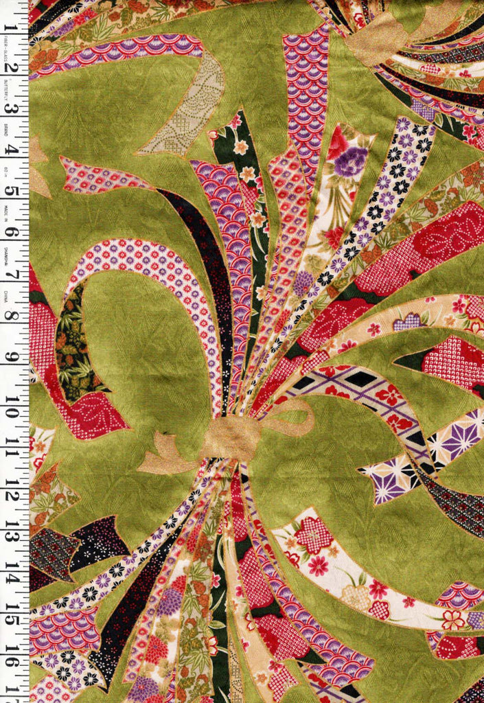 Japanese - Hanamomen Large Colorful Noshi Ribbon - Embossed Background - Green - Last 1 yard