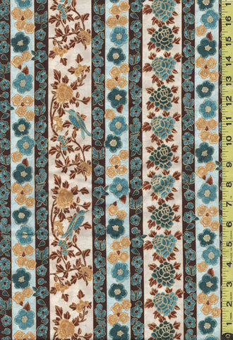 Asian - Hoffman Masami Stripe - Mums, Cherry Blossoms & Blue Birds - Gold & Teal - Last 1 7/8 Yards - ON SALE - SAVE 20%