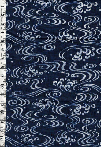 *Asian - Hoffman Natsu - Water Swirls & Crested Waves - Dark Navy - Last 1 1/2 yards