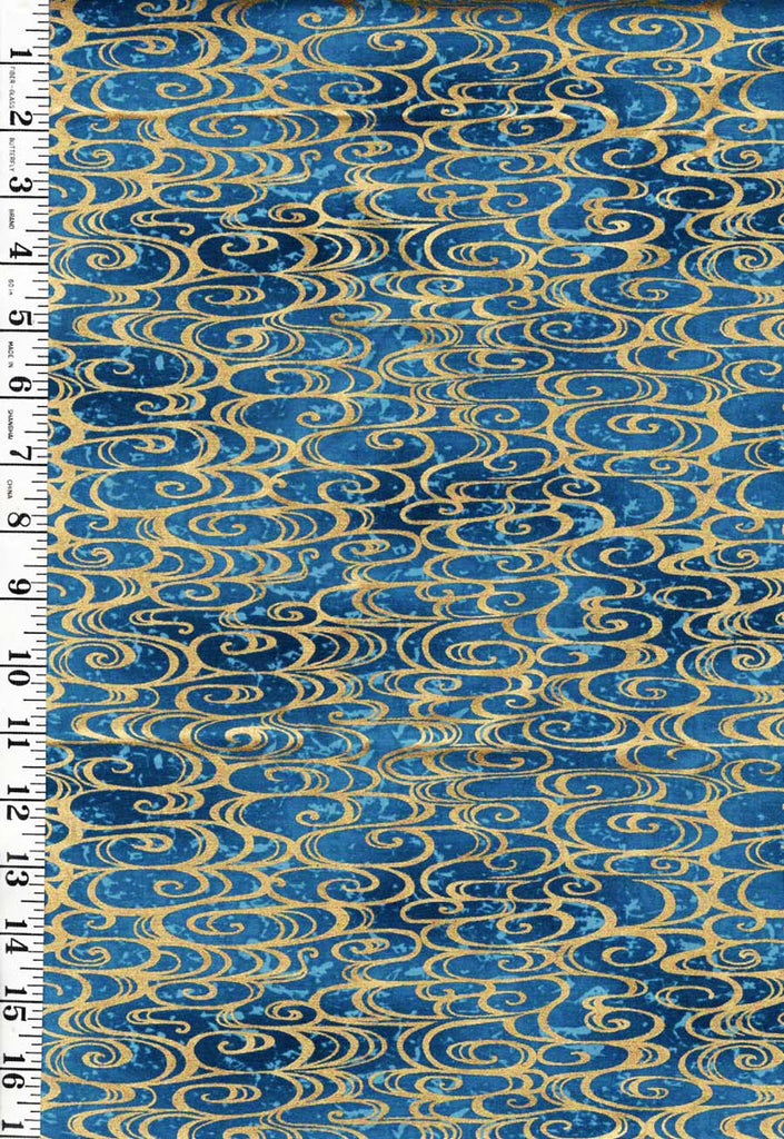 Asian - Hoffman Mandarin Dynasty - Water Swirls - Dusty Teal Blue & Gold Metallic - E880 - Last 2 yards