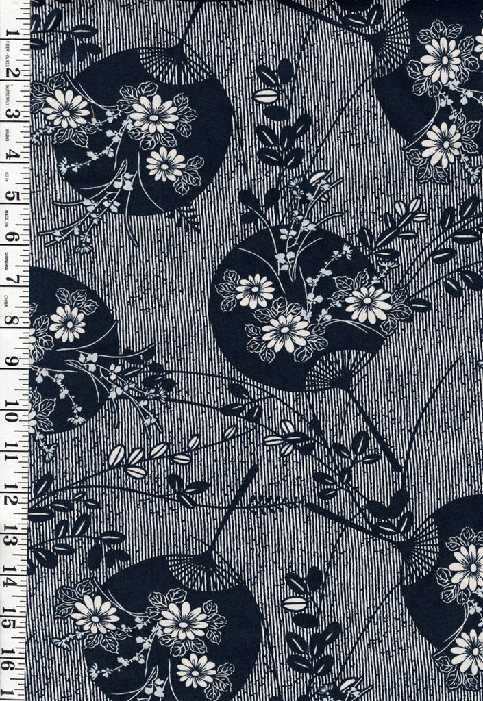 Asian - Hoffman Floral Fans with Daisies & Leafy Branches - F3000 - Dark Indigo