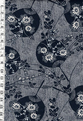 Asian - Hoffman Floral Fans with Daisies & Leafy Branches - F3000 - Dark Indigo