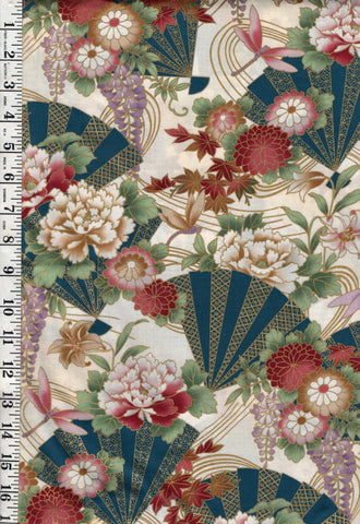*Asian - Hoffman Izumi - Dragonflies, Fans & Peonies - Cream - Last 1 yard
