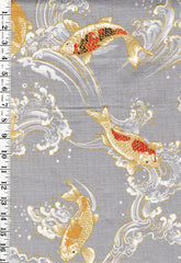 *Japanese - Hokkoh Colorful Koi/ Carp with Crested Waves - Dobby Weave - 1025-1100-2B - Gray