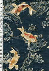 *Japanese - Hokkoh Colorful Koi/ Carp with Crested Waves - Dobby Weave - 1025-1100-2C - Denim Blue