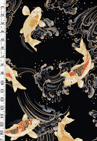 *Japanese - Hokkoh Colorful Koi/ Carp with Crested Waves - Dobby Weave - 1025-1100-2E - Black