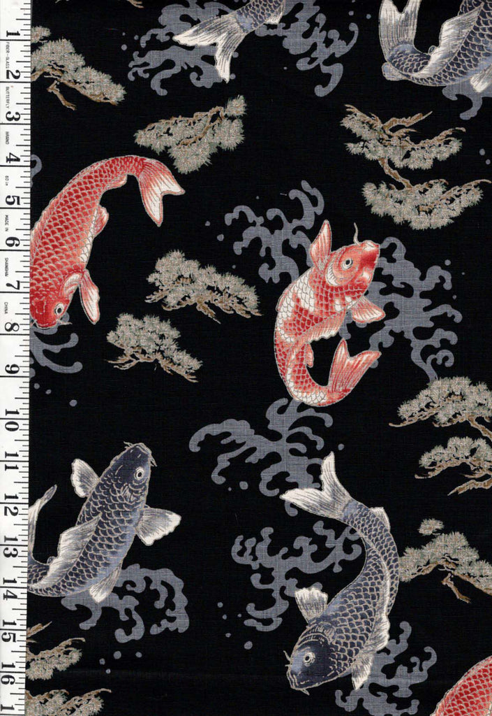 *Japanese - Hokkoh Colorful Koi/ Carp with Pine Trees & Crested Waves - Dobby Weave - 1025-1140-1E - Black - By the Half Yard