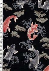 *Japanese - Hokkoh Colorful Koi/ Carp with Pine Trees & Crested Waves - Dobby Weave - 1025-1140-1E - Black - By the Half Yard