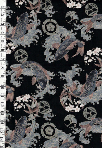 *Japanese - Kobayashi Carp, Crested Waves & Cherry Blossoms - Dobby Weave - Black - Last 1 1/8 yards
