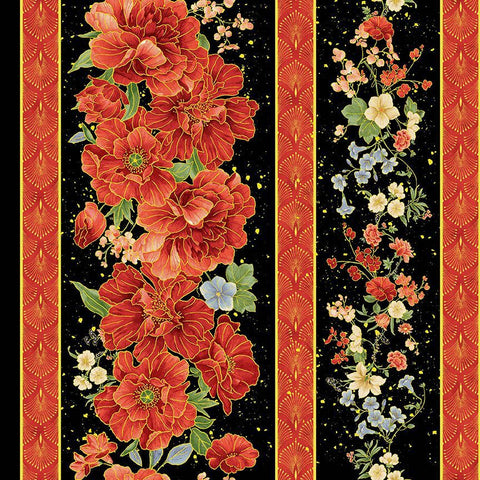 *Asian - IMPERIAL BLOOM - Peony & Floral Stripe - CM4372-BLACK - By the Half Yard