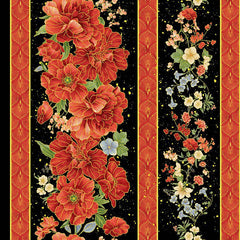 *Asian - IMPERIAL BLOOM - Peony & Floral Stripe - CM4372-BLACK - By the Half Yard
