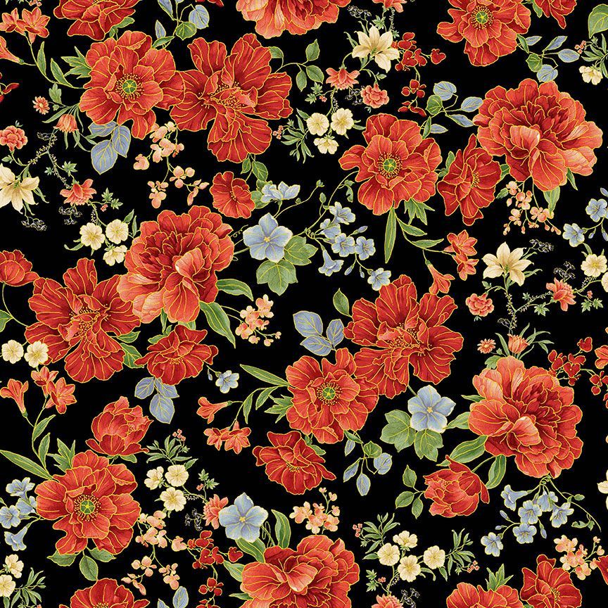 *Asian - IMPERIAL BLOOM - Pretty Floral Clusters - CM4374-BLACK - By the Half Yard