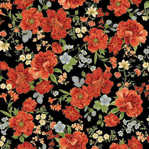 *Asian - IMPERIAL BLOOM - Pretty Floral Clusters - CM4374-BLACK - By the Half Yard