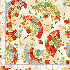 *Asian - IMPERIAL BLOOM - Pretty Floral Fans - CM4376-BEIGE - By the Half Yard