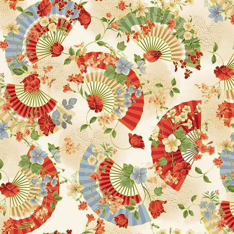 *Asian - IMPERIAL BLOOM - Pretty Floral Fans - CM4376-BEIGE - By the Half Yard