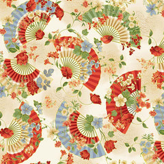 *Asian - IMPERIAL BLOOM - Pretty Floral Fans - CM4376-BEIGE - By the Half Yard
