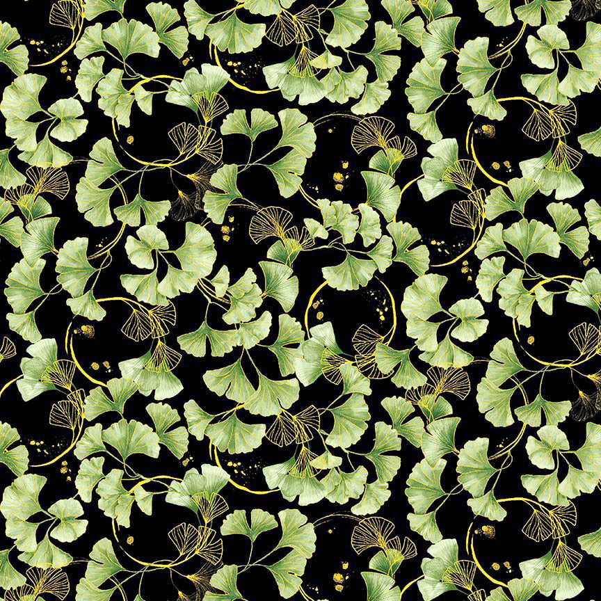 *Asian - IMPERIAL BLOOM - Ginkgo Leaf Clusters - CM4379-BLACK - By the Half Yard