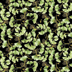 *Asian - IMPERIAL BLOOM - Ginkgo Leaf Clusters - CM4379-BLACK - By the Half Yard