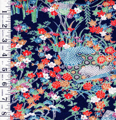 * Japanese Silk - Beautiful Iris Floral Garden - Dark Navy - 1 1/8 yards - ON SALE