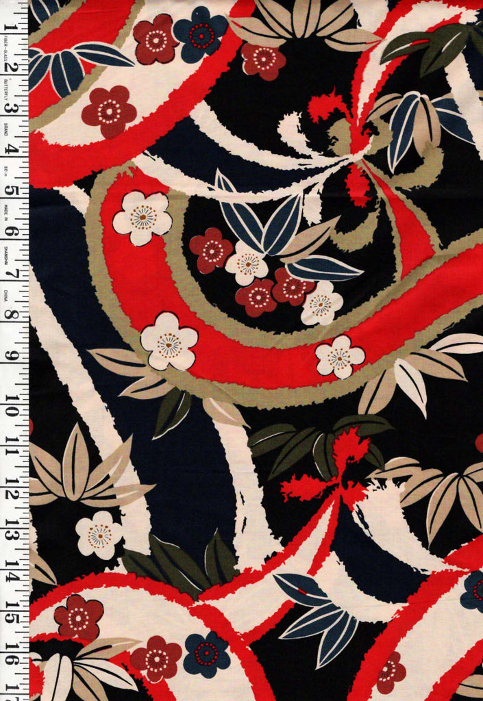 *Japanese - Itaya Naomi - Japanese Stylized Cherry Blossoms & Bamboo Leaves - Black - Last 1 1/2 yards