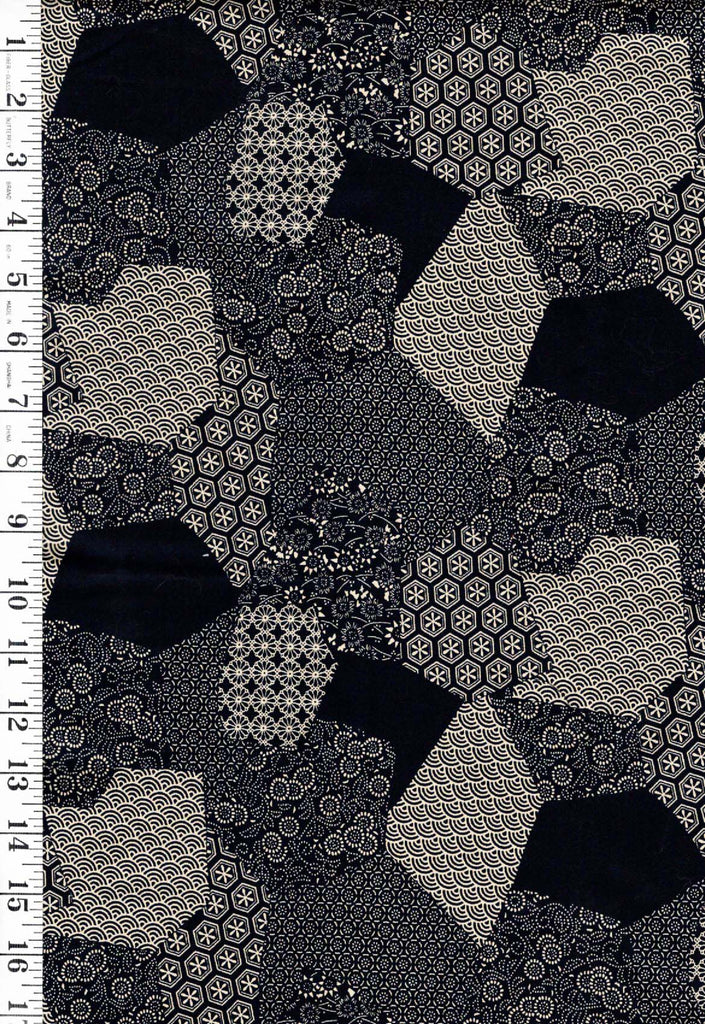 Japanese - Hanamomen Abstract Japanese Motif Patchwork - Navy & Tan - Last 1 yard