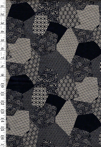 Japanese - Hanamomen Abstract Japanese Motif Patchwork - Navy & Tan - Last 1 yard