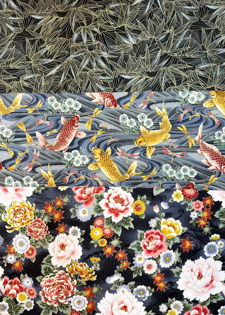 Asian - Kona Bay (2012 - 2015) - Colorful Koi, Bamboo & Peonies - One-Third (1/3) yard Bundle - 3 pieces - 1/3 yard each - ONE ONLY