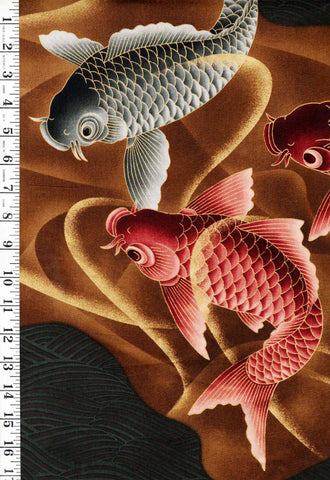 *Asian - Kona Bay - Large Scale Colorful Koi & Water Swirls (2006) EMPE-14 - Brown Black - Last 1 Yard