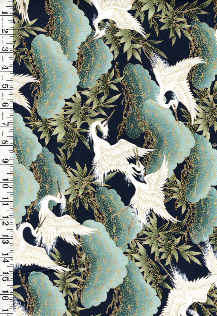 Asian - Kona Bay - Flying Egrets, Bamboo Leaves & Japanese Pines (2014) Nobu-82 - 12" x 40" - Navy - Last 1
