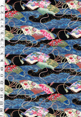 Asian - Kona Bay - Floral Fans & Crested Waves - TAKA-05 - Black - Last 1 yard