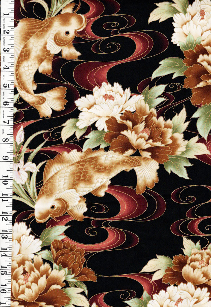 *Asian - Kona Bay - Koi, Peonies, Iris & River Swirls (2003) KF-761 - Brown - By the Yard