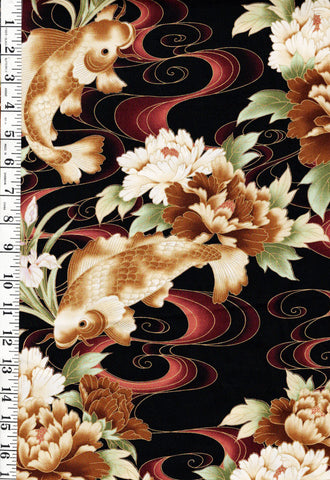 *Asian - Kona Bay - Koi, Peonies, Iris & River Swirls (2003) KF-761 - Brown - By the Yard