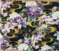 Asian - Kona Bay - Koi, Peonies, River Swirls & Iris - Black - Fat Quarter - ONE ONLY