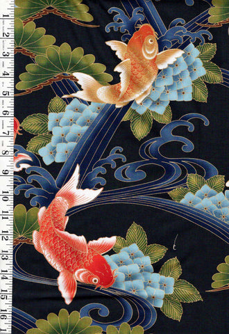 *Asian - Kona Bay - Colorful Koi & Water Swirls (2006) - Black - Last 1  1/4 yard