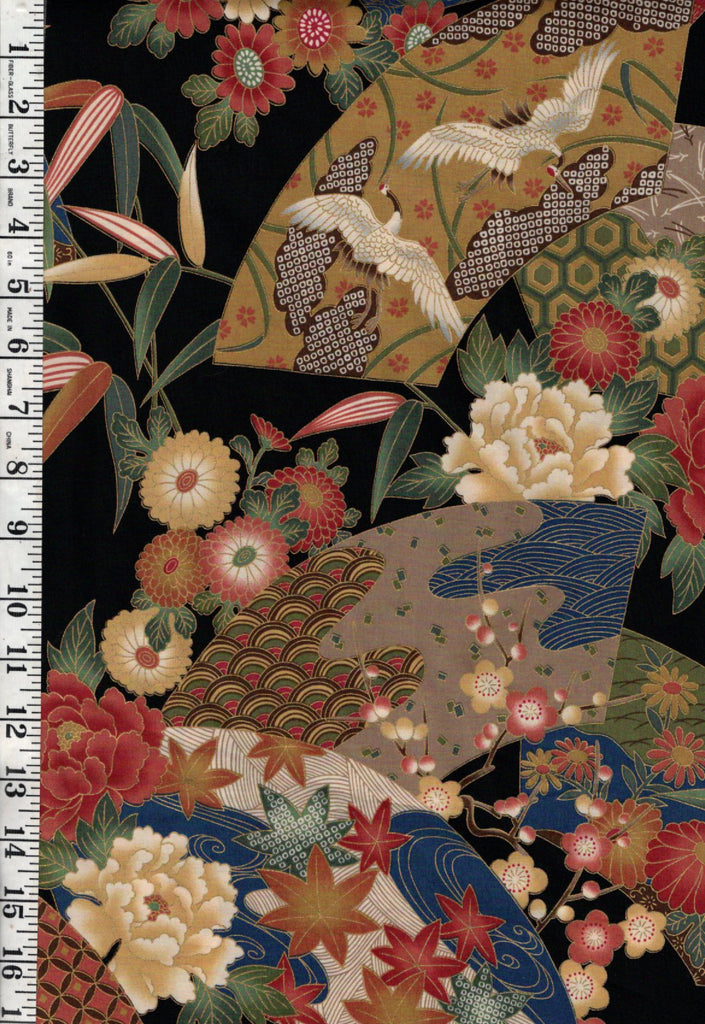 Asian - Kona Bay - Nobu Floral Fan, Mums, Peonies & Cherry Blossoms - Nobu 62 - Black - Last 2 3/4 yards