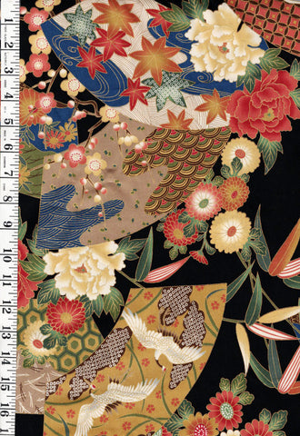 *Asian - Kona Bay - Floral Fans & Small Flying Cranes - By the Half Yard
