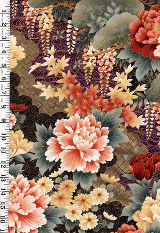 Asian - Kona Bay - Nobu Peonies, Maple Leaves & Wisteria - Nobu 66 - Multi-Colors - Last 1 2/3 yards