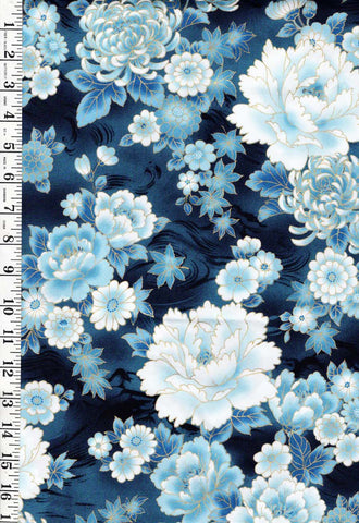 Asian - Kona Bay - Peonies, Daisies & Maple Leaves - KORA-01-Blues & Navy - Last 3 yards