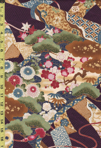 *Asian - Kona Bay - Floral Scroll & Ribbons - # Kiyo-04 - Purple - Multi-Colors  - Last 34 inches