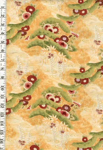 *Asian - Kona Bay - Scenic Countryside with Mums & Pines (2004) - Red - Last 3/4 yard