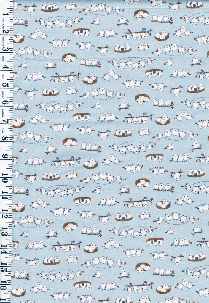 *Japanese Novelty - Kokka - Little Chibi Sparrows - YKA-26040-2C - Soft Blue - By the Half Yard